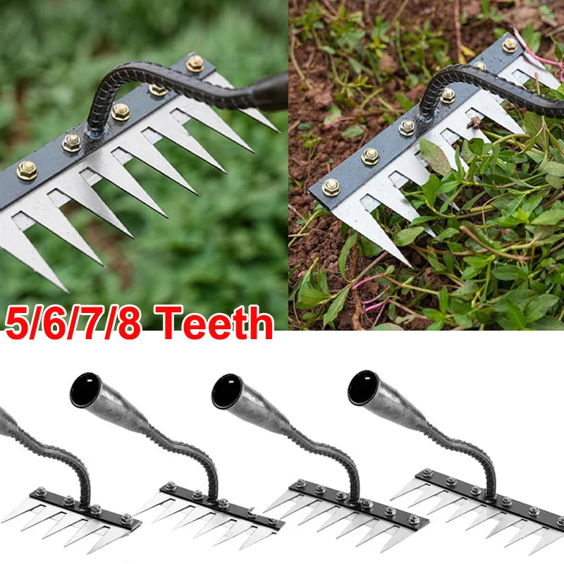 5/6/7/8 Teeth Iron Gardening Hoe Weeding Rake Farm Tool Grasping Raking Loosening Soil Nail Rake Tool Artifact Harrow Farm Tool 