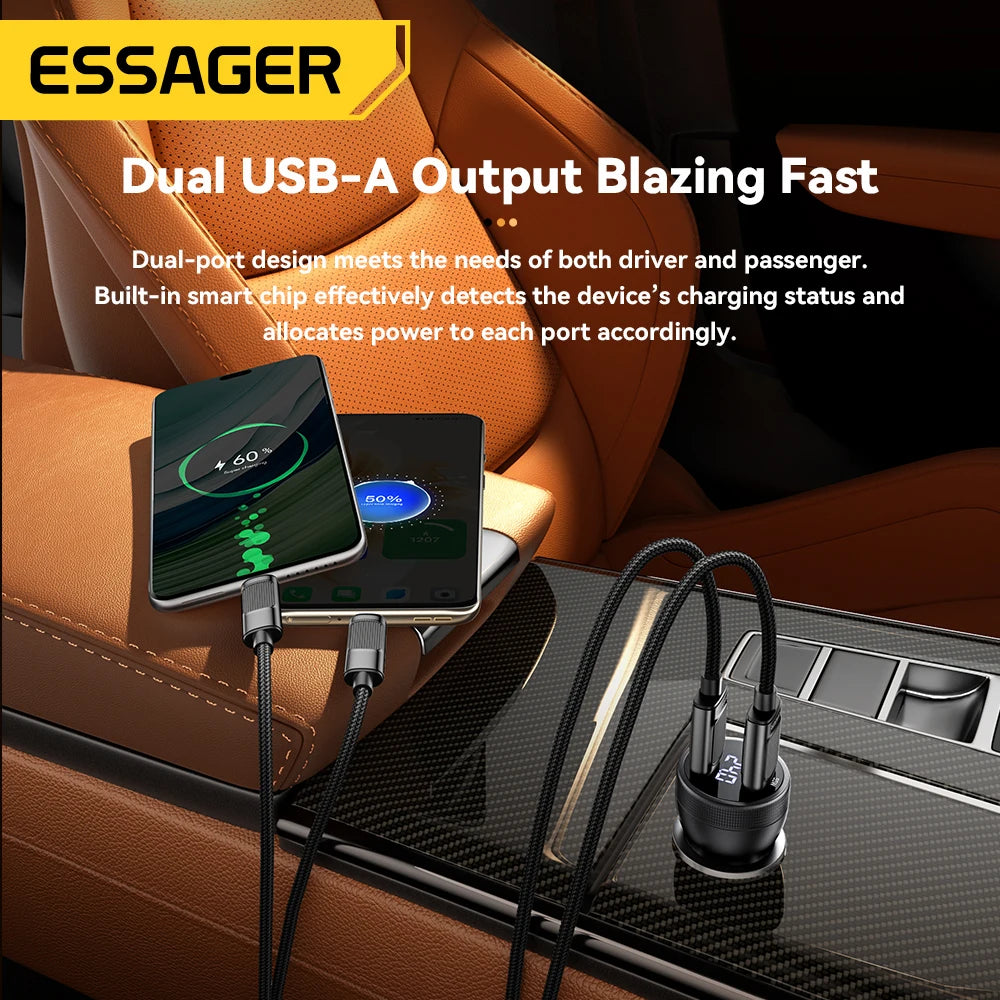 Dobbelt USB-A-biloplader med spændingsvisning, 12–24 V