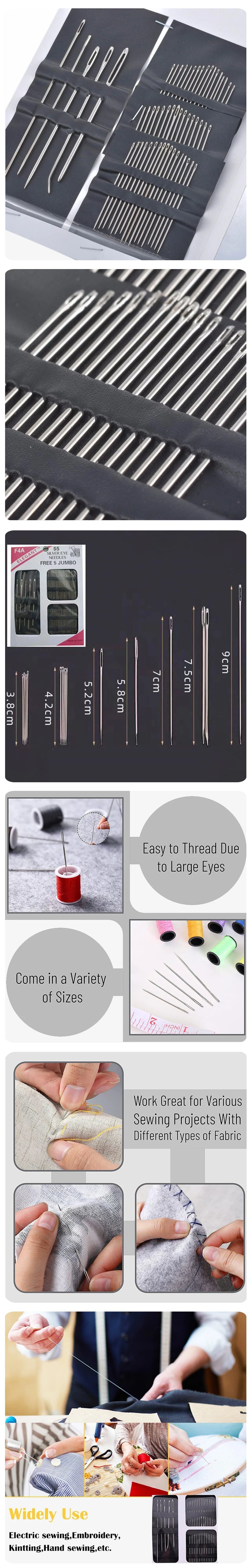 55 Pieces Stainless Steel Big Eye Hand Sewing Needles Set with Different Sizes for Sewing Needlework Embroidery Needles 