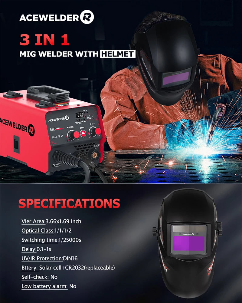 ACEWELDER 3 In 1 Welding Machine 140A Flux Cored MIG ARC Lift TIG Welder 110V IGBT Inverter Gasless Welding Machine