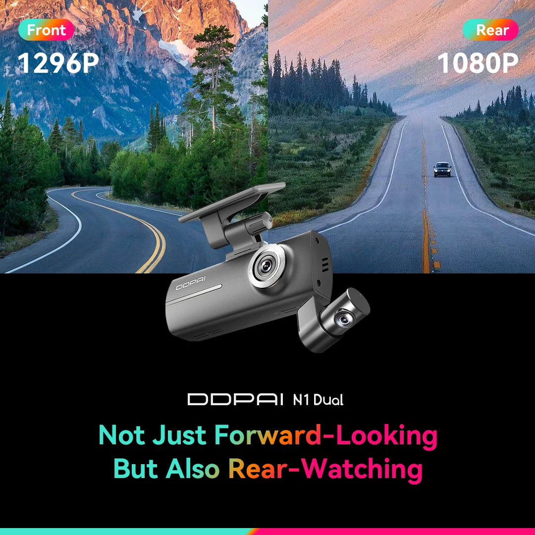 DDPAI Dash Cam  N1 Dual Front & Rear Recording NightVIS 1296P Dash Cam Recorder Car DVR   App Control 