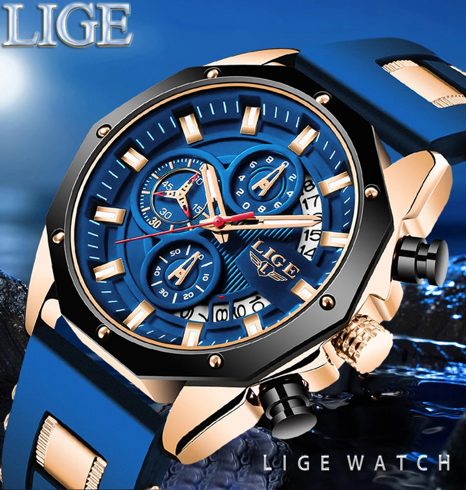 LIGE Fashion Men Watches Top Brand Luxury Silicone Sport Watch Men Quartz Date Clock Waterproof Wristwatch Chronograph Clock Man 