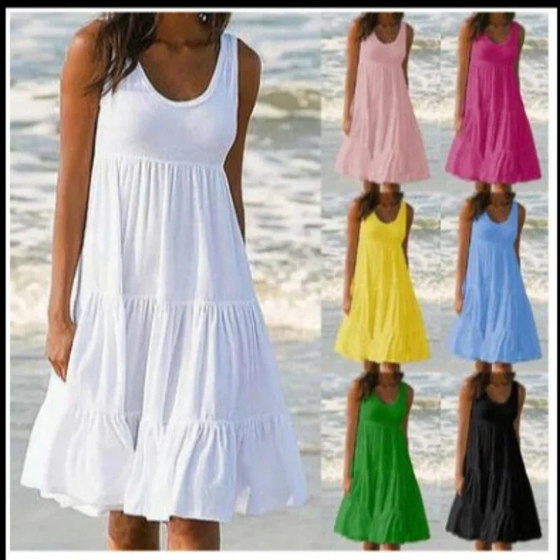 Bohemian Women's Casual O Neck Sleeveless Ruffle Mini Dress Solid Color Beach Tank Top Oversized Loose Dress Plus Size Women3029 