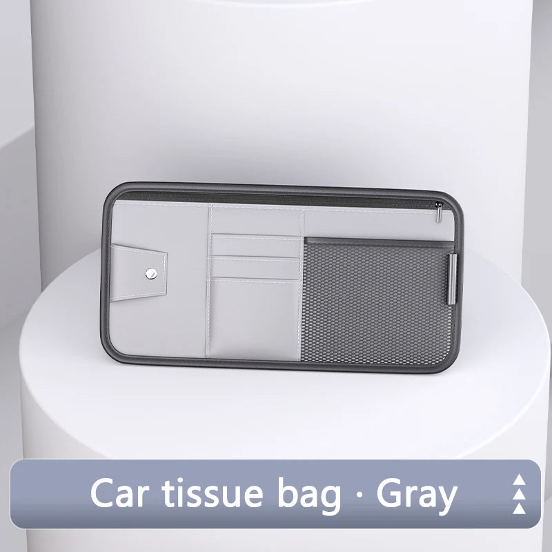 SEAMETAL 9 in 1 Sun Visor Organizer for Car PU Leather Zipper Storage Bag Net Pouch Auto Storage Pocket with Glasses/Card Holder