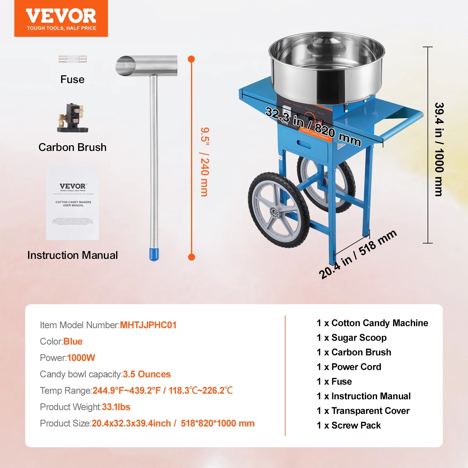 Electric Cotton Candy Machine with Cart, Stainless Steel Bowl, Scoop and Drawer