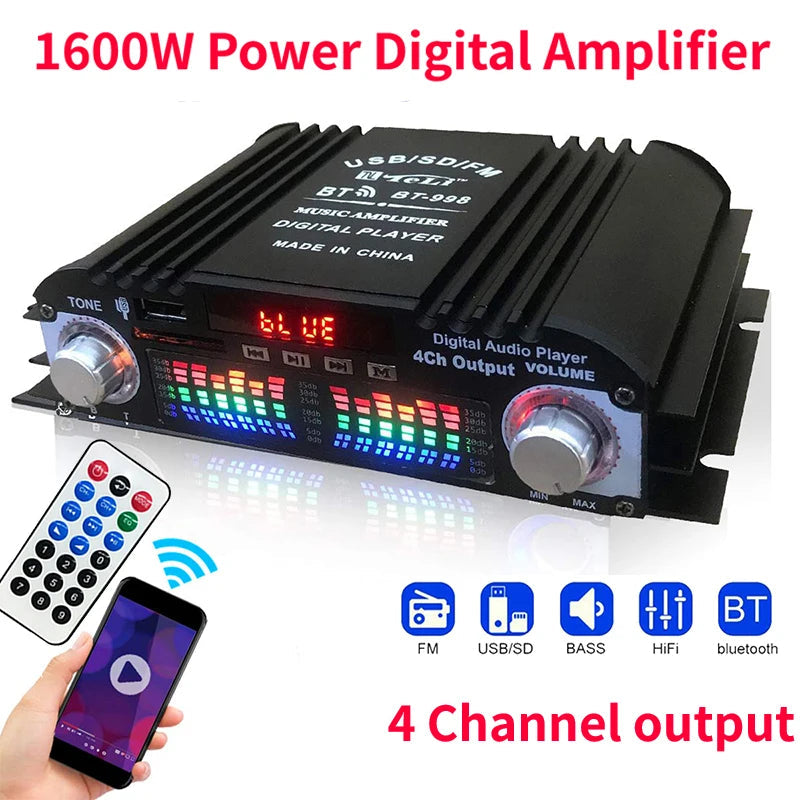 1600W Peak Power HiFi Sound Amplifier Digital 4 Channel Audio Amplifier Bluetooth Karaoke Player FM Radio Support Remote Control 