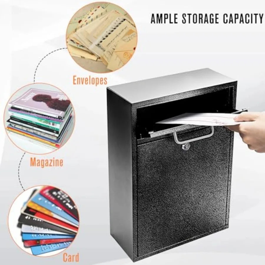 Locking Wall Mount Mailbox XL 16x11.2x4.7 in Secure Iron Drop Box