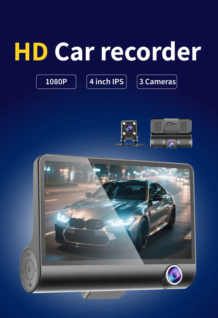 3 kamerás autós fedélzeti kamera 1080P DVR-rel, tolatókamerával és éjjellátóval