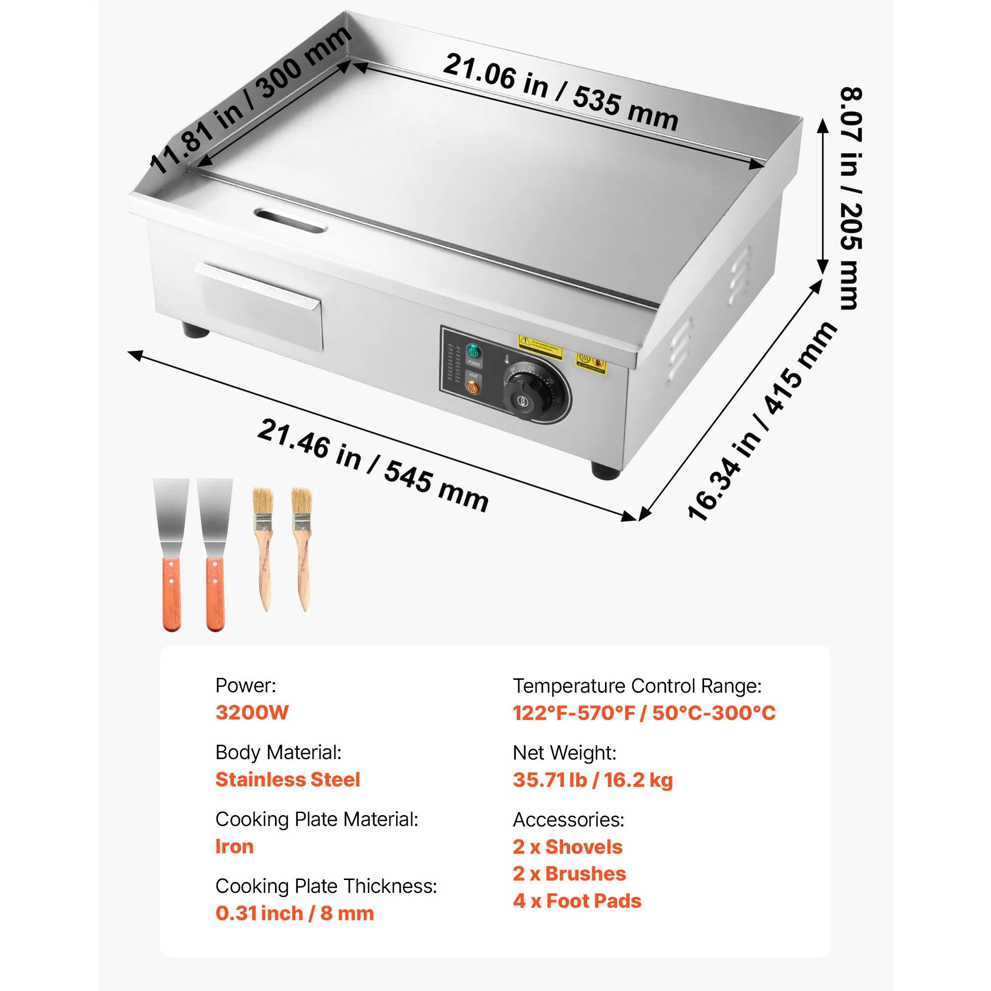 Commercial Electric Stegepande 3200W Flad Grill med Temperaturkontrol