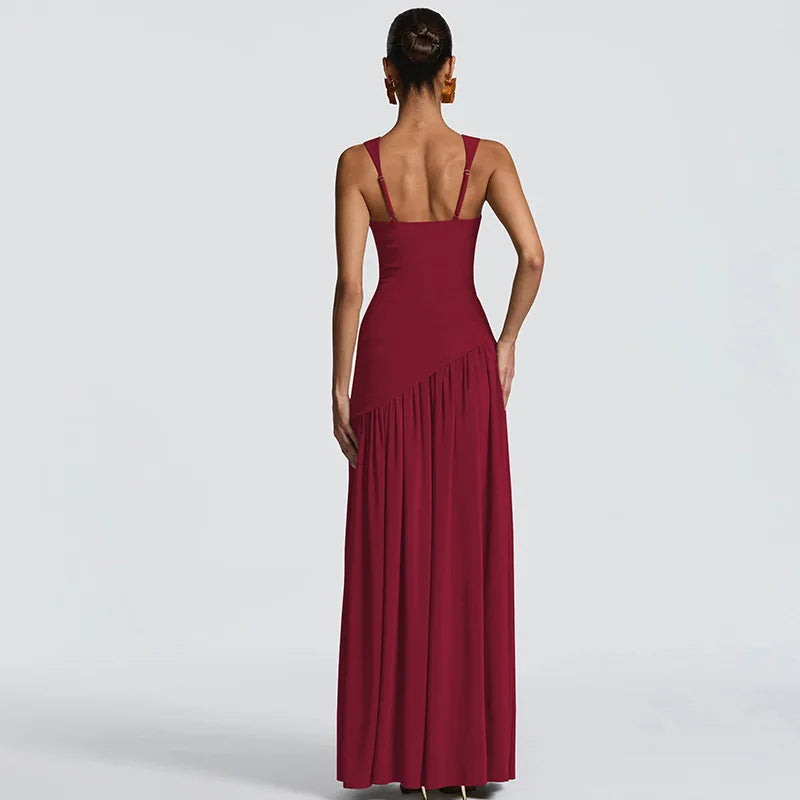 Elegant Sleeveless High Waist Slit Dress with Belted Sash