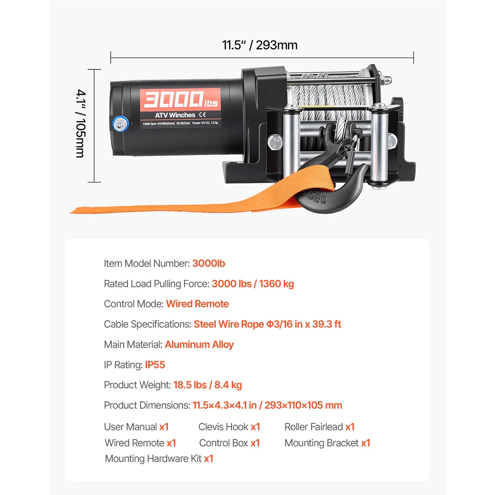 3000lb Electric ATV Winch 12V with Steel Rope & Wired Remote