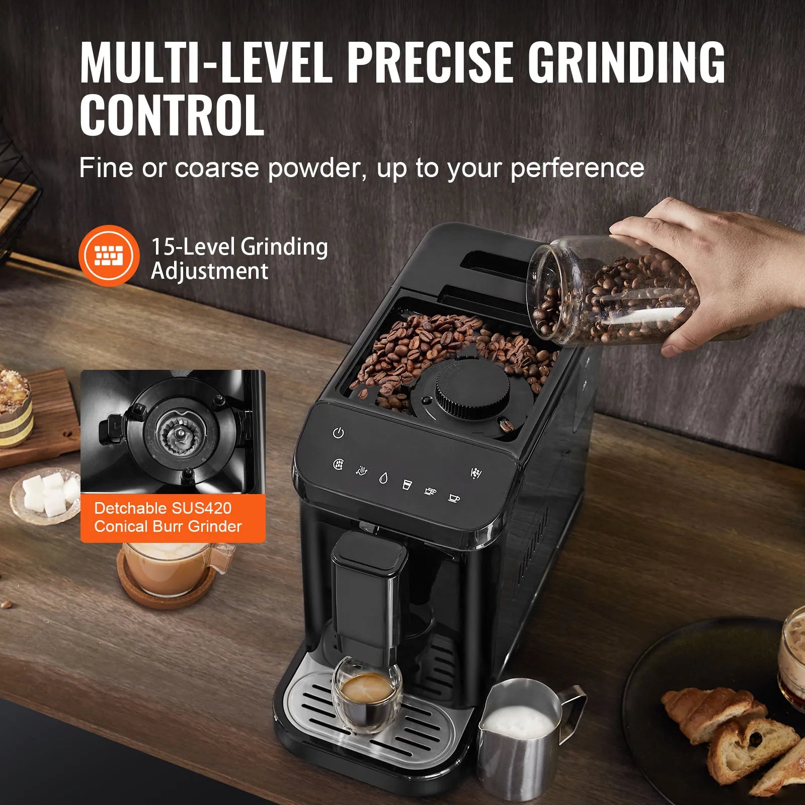 Automatic Espresso Machine with Grinder 15-Bar Coffee Maker 1.5L