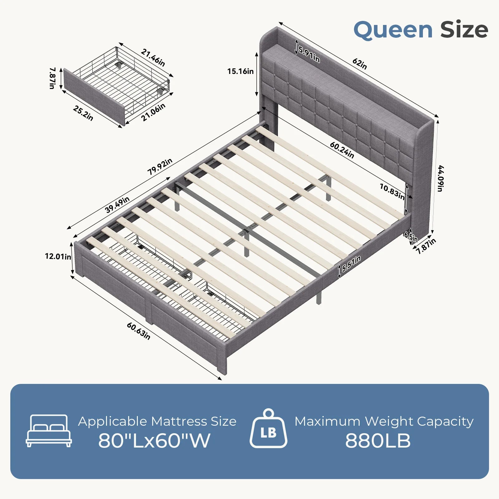 Wood Bed Frame with Storage Drawers & Upholstered Headboard
