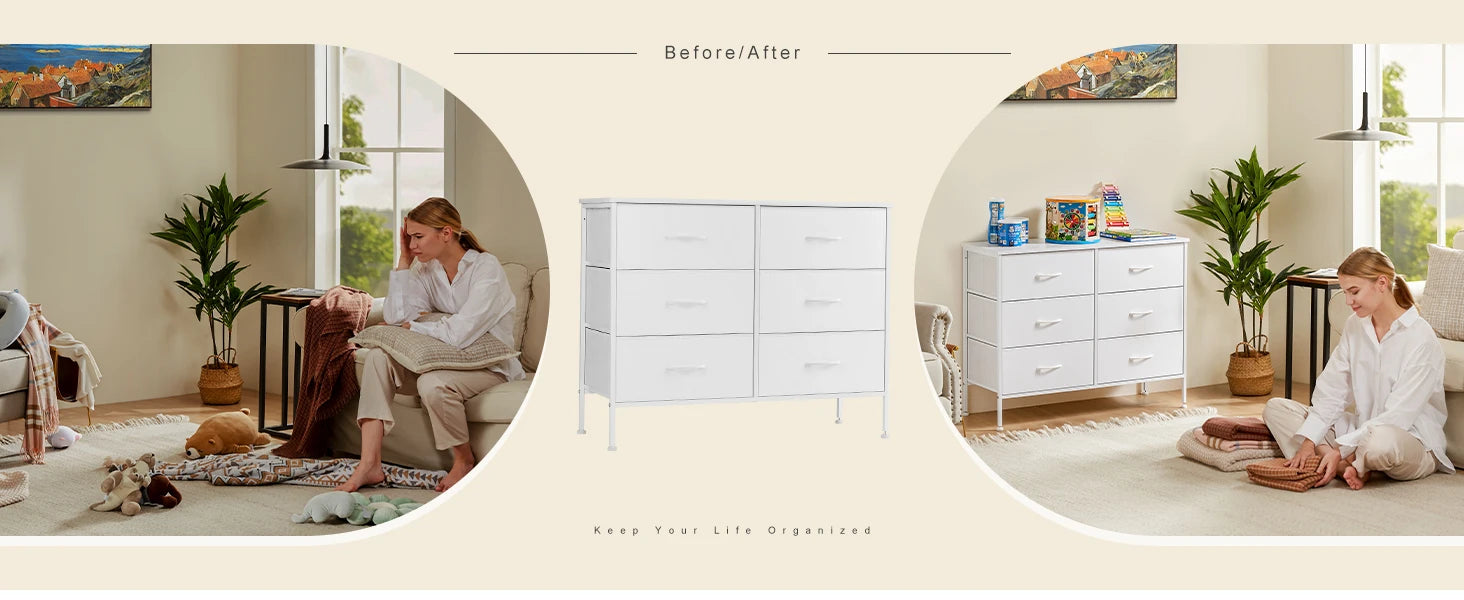6 Drawer Fabric Nightstand with Metal Frame and Wooden Top