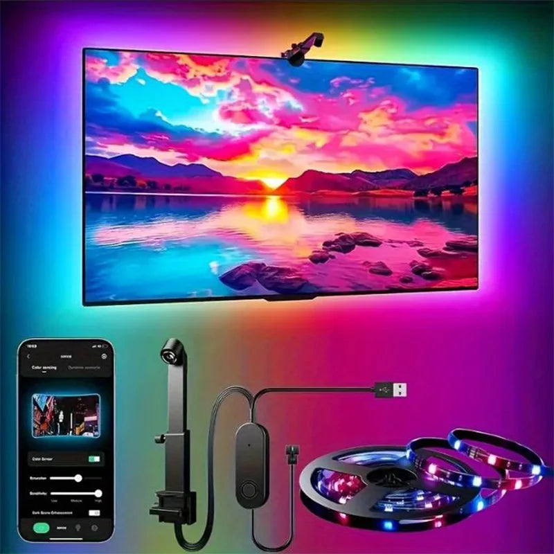 Kit de iluminação traseira RGBIC para TV com câmara