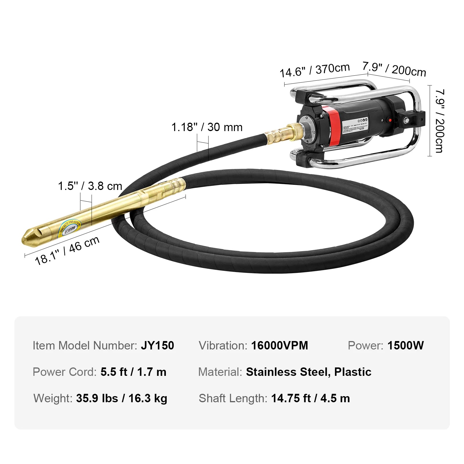Elektrický vibrační zhutňovač betonu 1500W 16000 VPM s hřídelí 4,5 m