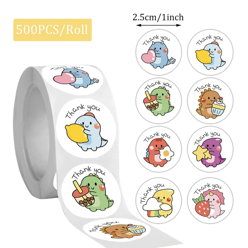 Cartoon Dinosaur Thank You Stickers – 1 Inch Adhesive Labels