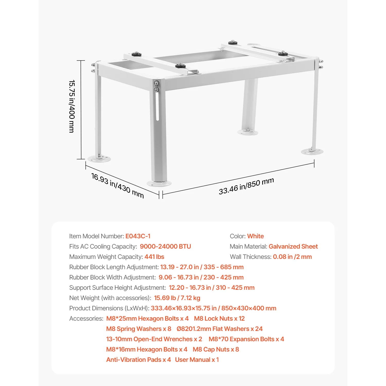 Mini Split Ground Stand Adjustable Anti-Vibration Stand for 9000-36000 BTU Outdoor Units