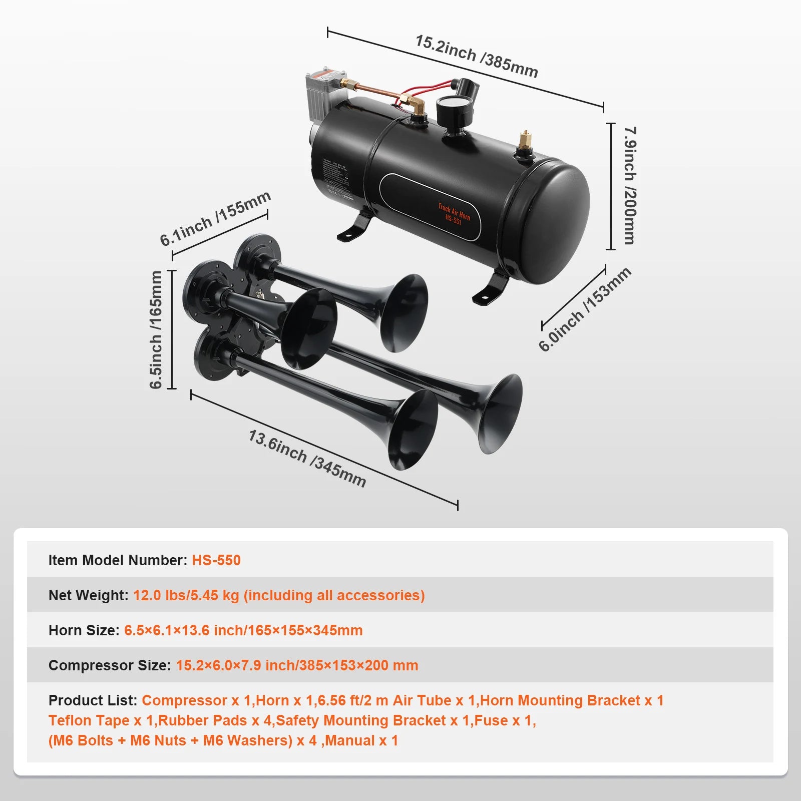 150dB 4 Trumpet Train Horn Kit with 12V Compressor & Air Tank