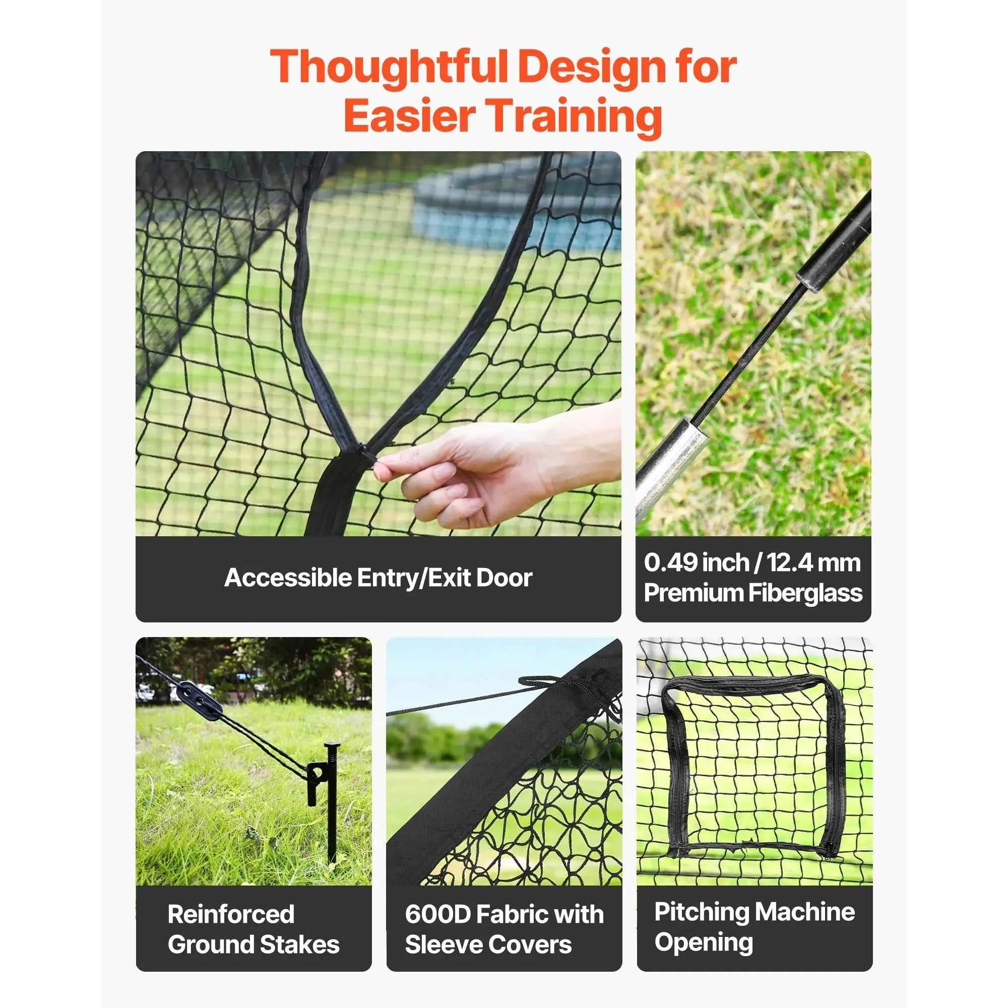 VEVOR Baseball Batting Cage with 4-Ply Knotless Polyester & Pitching Machine Opening Battings Cages Netting for Indoor Outdoor