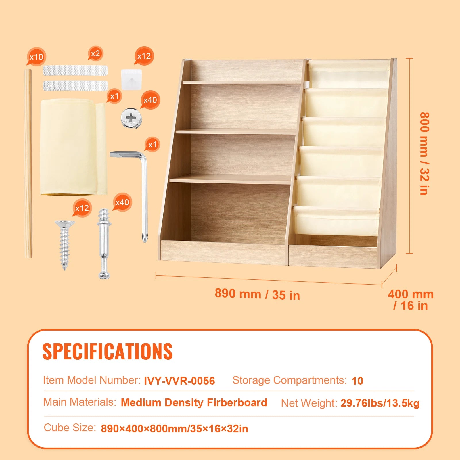 4-Tier Kids Bookshelf with Sling Storage & 10 Compartments