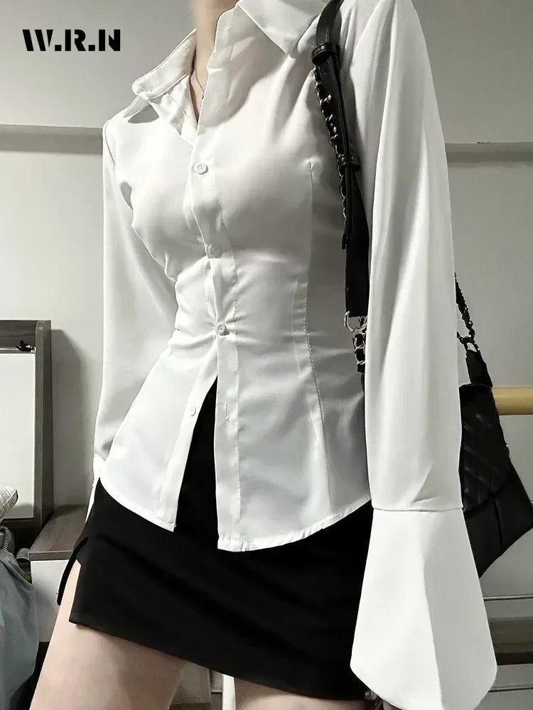 Ženske seksi enobarvne ozke šifonske srajce z zavihanim ovratnikom in širokimi rokavi, tunika s povoji, vintage ženske bluze, pomlad 2024