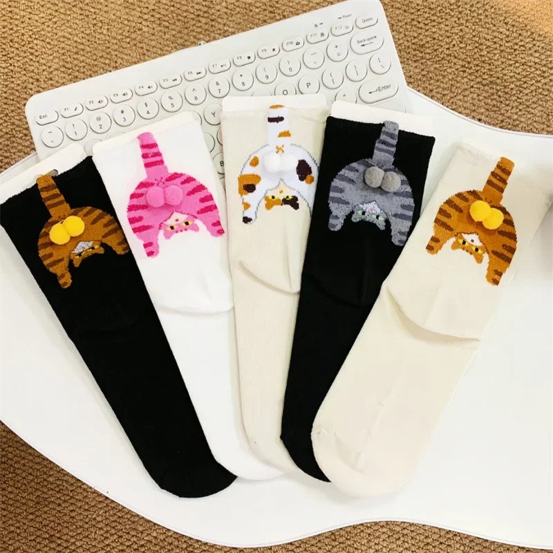 Cartoon Cat Egg Couple Socks Cozy Mid-Calf Cotton for Maternity Warm Winter Cute Present for Christmas Cat Lovers Family 