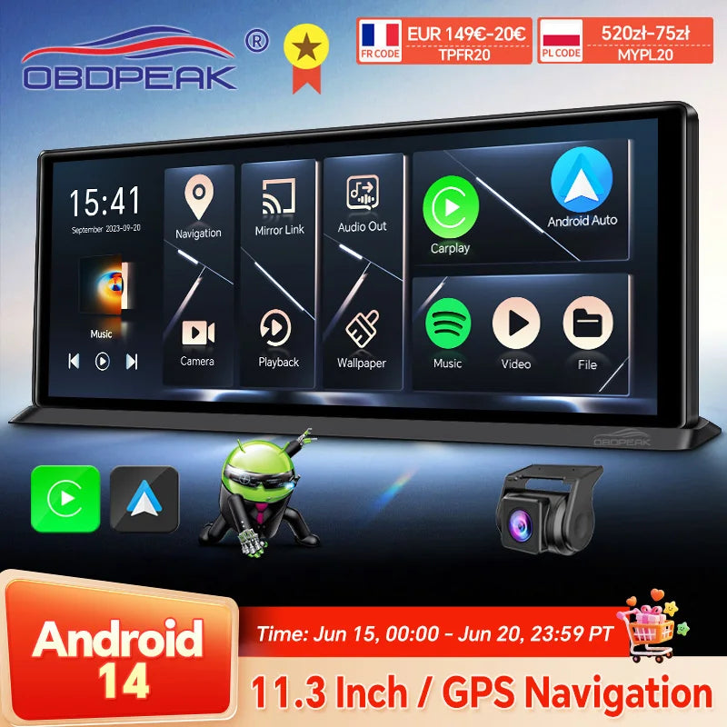 11.3" Android 14 Car Mirror Dash Cam with CarPlay, GPS & 1080P