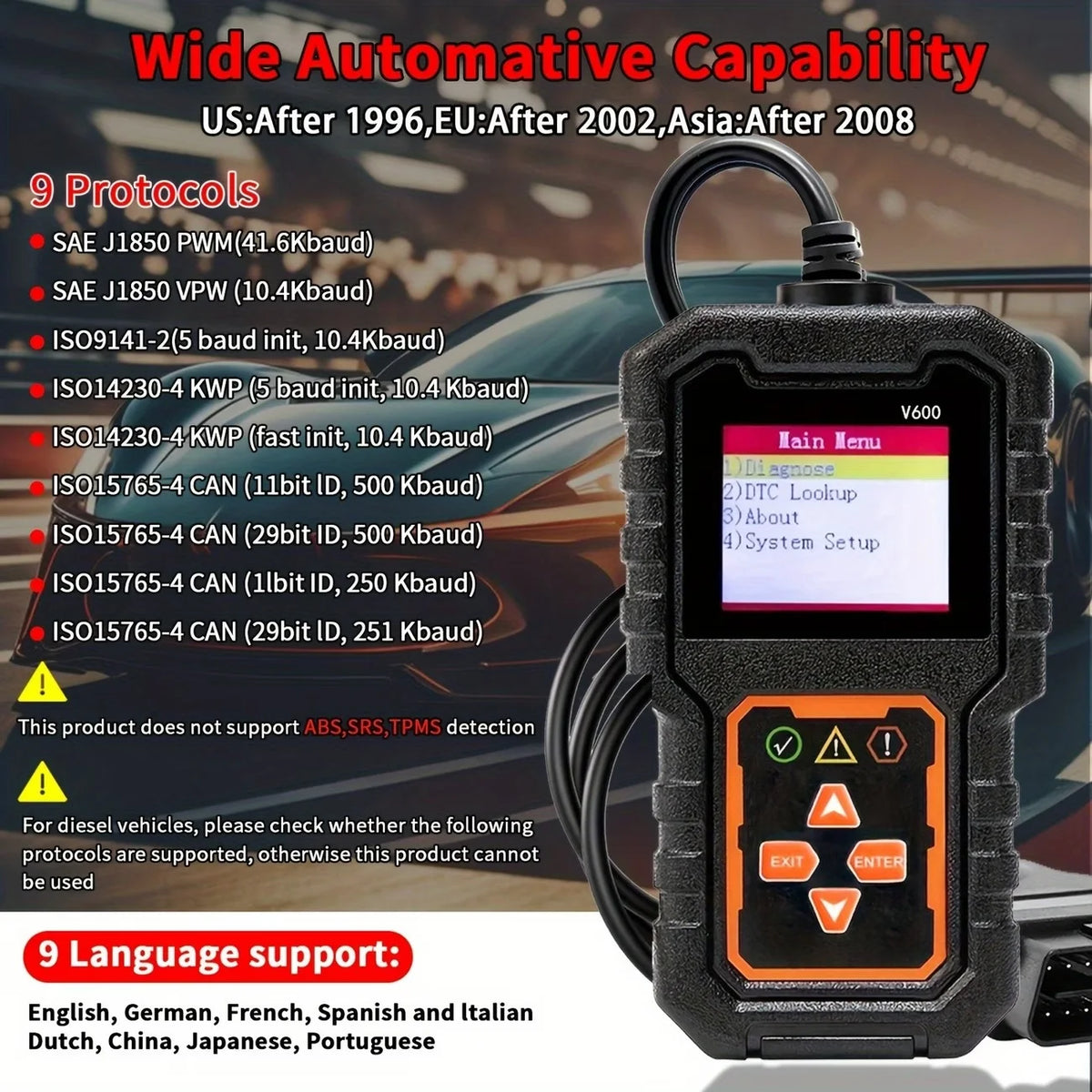 V600 Wired OBD2 Engine Code Reader and Diagnostic Scanner