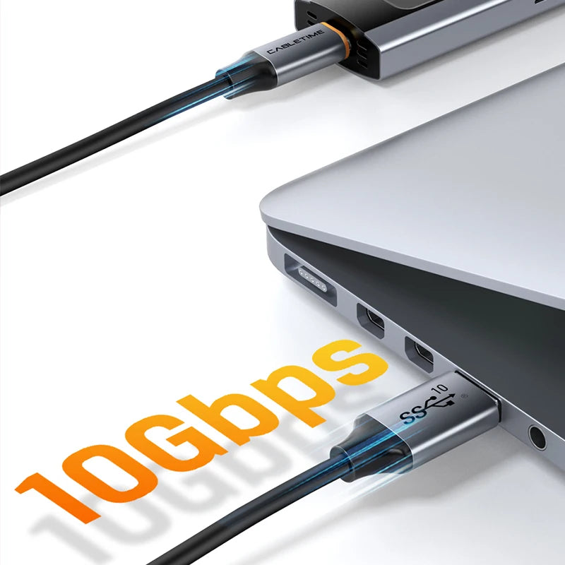 Cable CABLETIME USB-A a USB-C, 10 Gbps, 3 A, USB 3.2, 60 W, QC 3.0, transferencia de datos para carcasa SSD, carga de teléfono y sincronización de datos