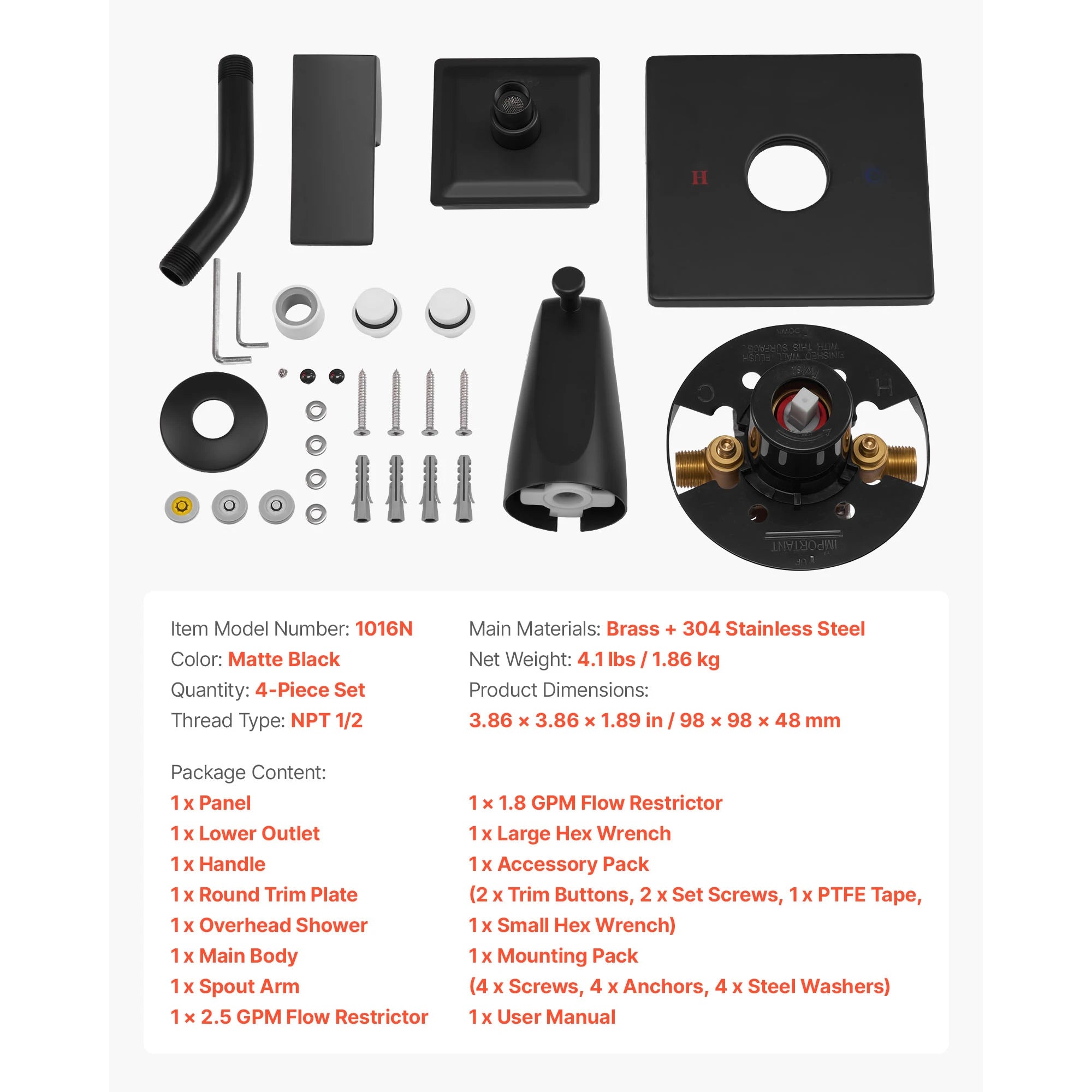 Set rubinetteria vasca e doccia SucceBuy completo con soffione doccia a pioggia da 4 pollici e kit di rifinitura per vasca con valvola in acciaio inox 304
