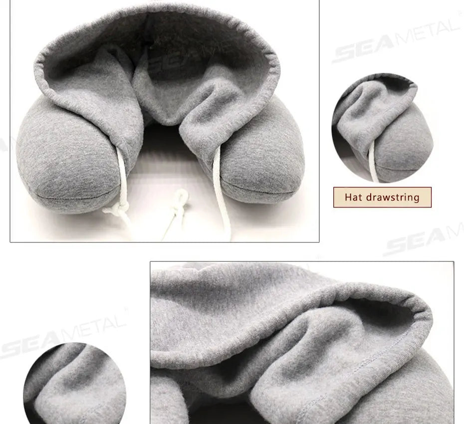 SEAMETAL Portable Neck Pillow for Long Travel U-Shape Neck Rest Pillow with Hood Privacy Protection Passenger Headrest Pillow
