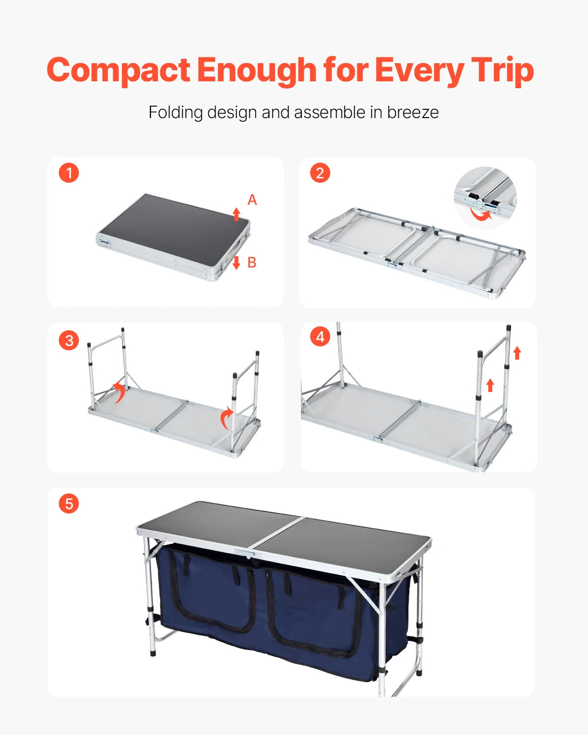 Folding Camping Kitchen Table with Storage & Adjustable Height