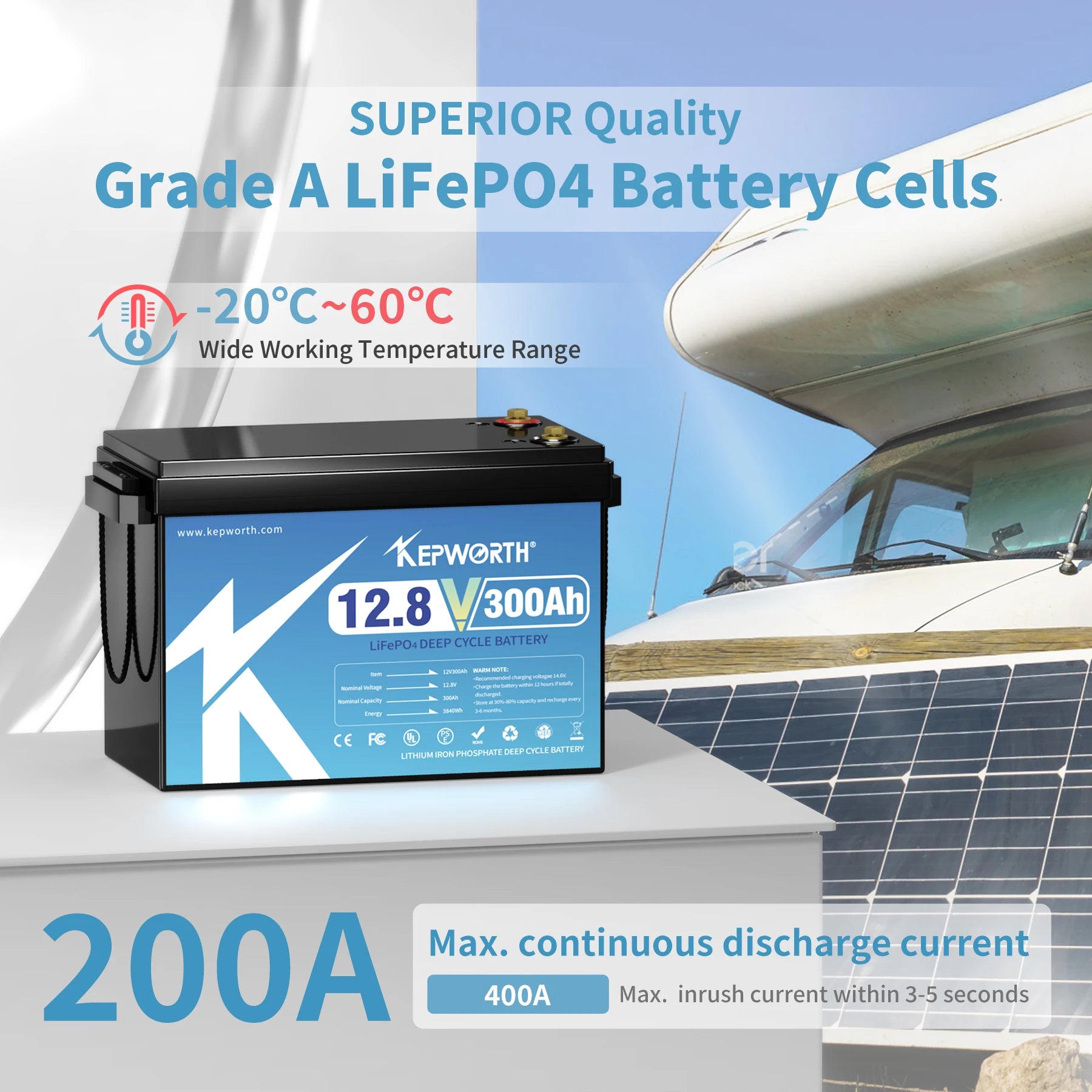 KEPWORTH 12V 180Ah 300Ah Lithium Iron Phosphate Battery With Upgraded BMS 6000 Cycles For RV Campers Golf Cart Off-Road Off-Grid