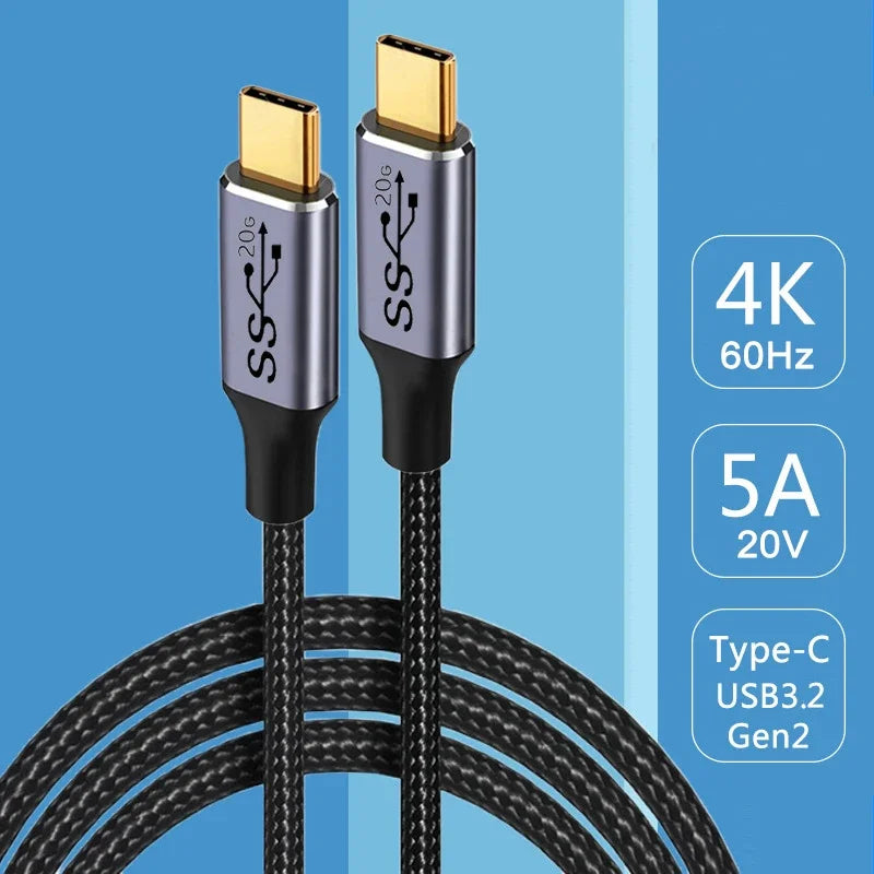 Cable USB C a USB C, carga rápida PD de 100W, 5A, transmisión de datos de alta velocidad de 20Gbps, USB 3.2 Gen 2, 4K a 60Hz, cable de audio macho