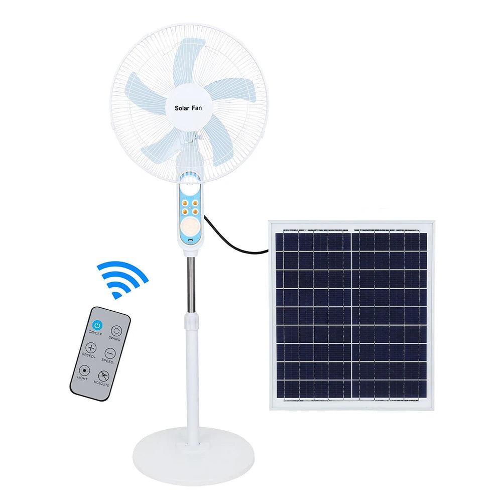Solární podlahový ventilátor s dálkovým ovládáním, 12hodinovým provozem a LED světlem