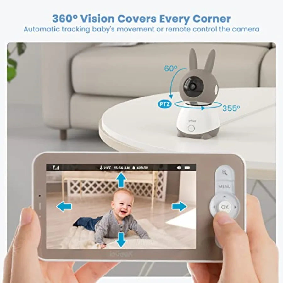 Baby Monitor with 2K HD Video, Pan-Tilt-Zoom, 5" LCD Screen