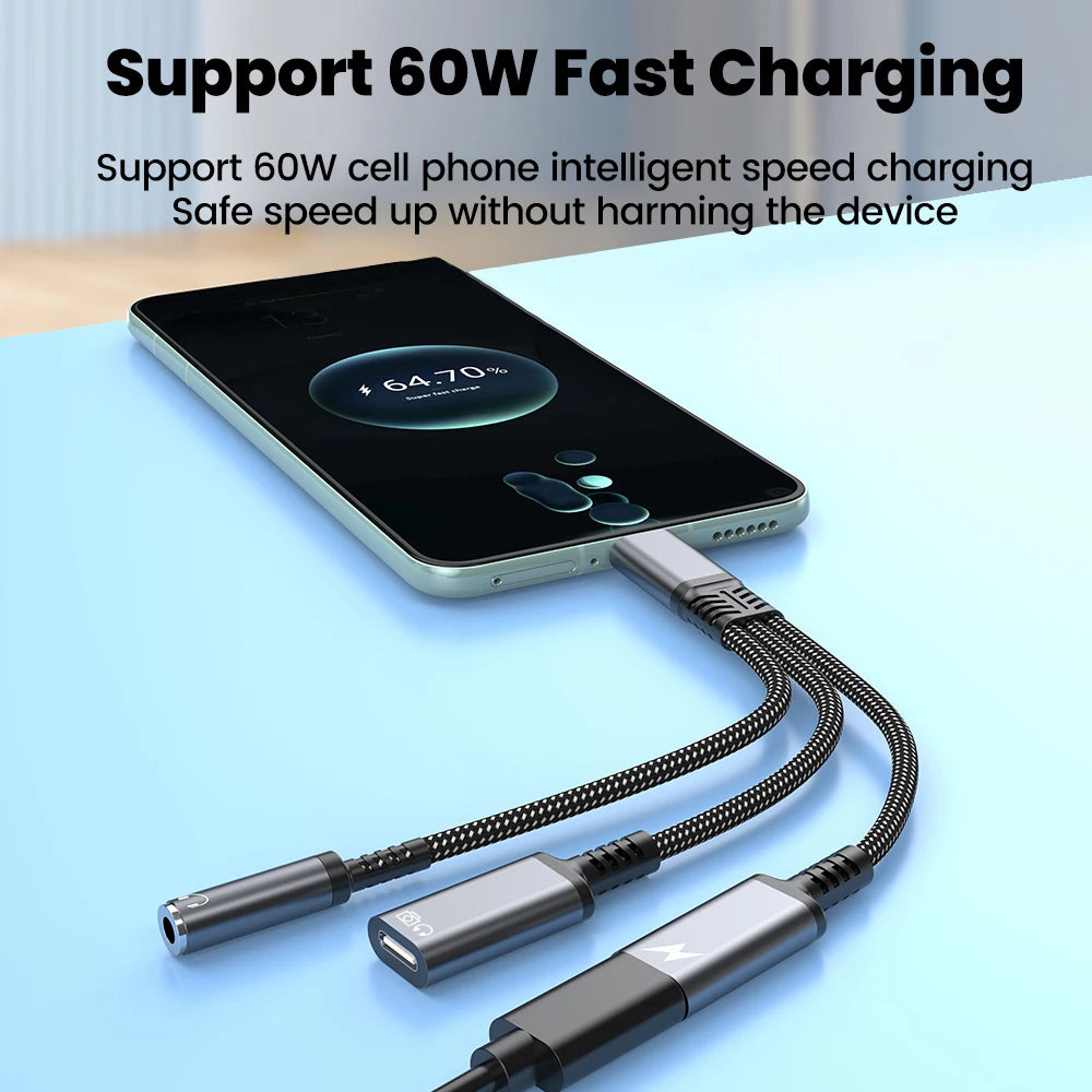 محول صوت وشحن USB-C ثلاثة في واحد