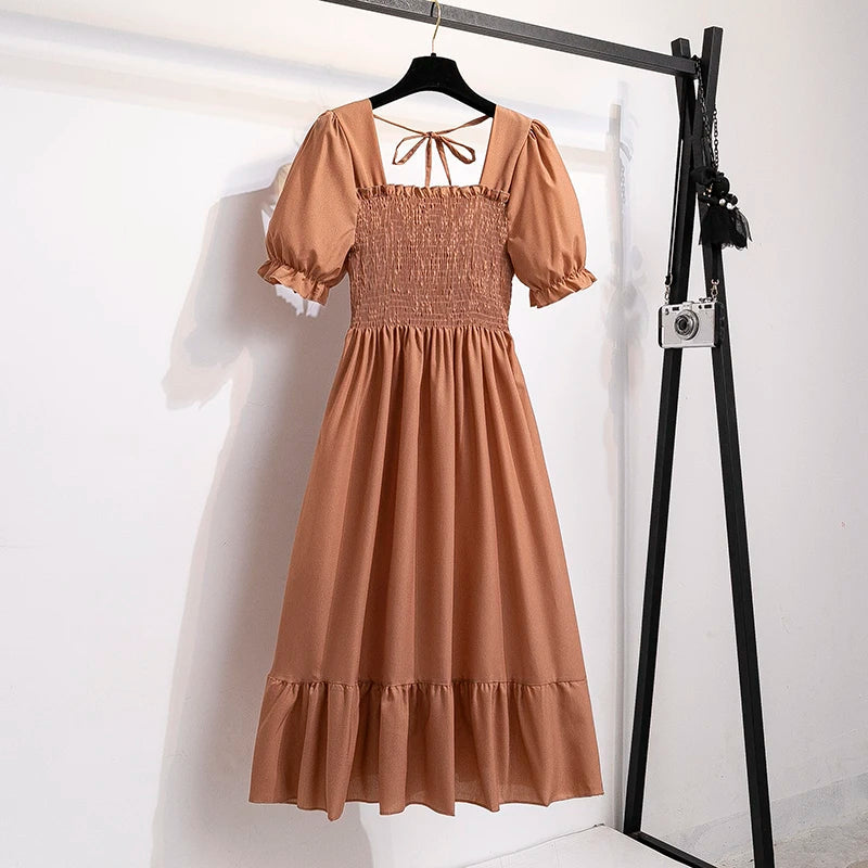 Spring Summer Chiffon Dresses Fashion Female Elastic Waist Short Sleeve Pleated Casual Dress Women A-line Dresses Vestidos 