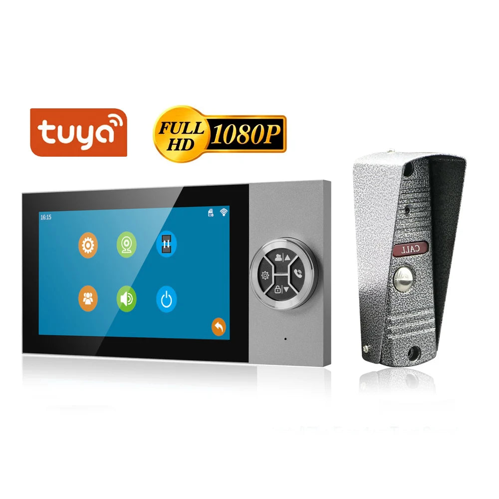 7 Pouces 4-Filaire AHD WIFI Video Portier Intercom 1080P HD Visible Doorbell avec application Tuya Contrôle à distance et Visualiseur d’interstice