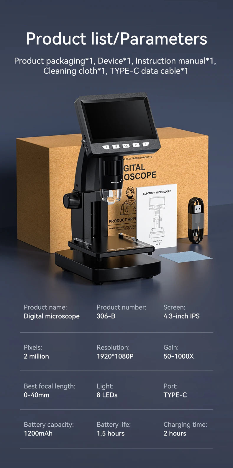 1000X 4.3" LCD Digital Microscope 1080P Coin Microscopio 8 LED Lights USB Magnifier Soldering Repair Video Microscope for Coin 