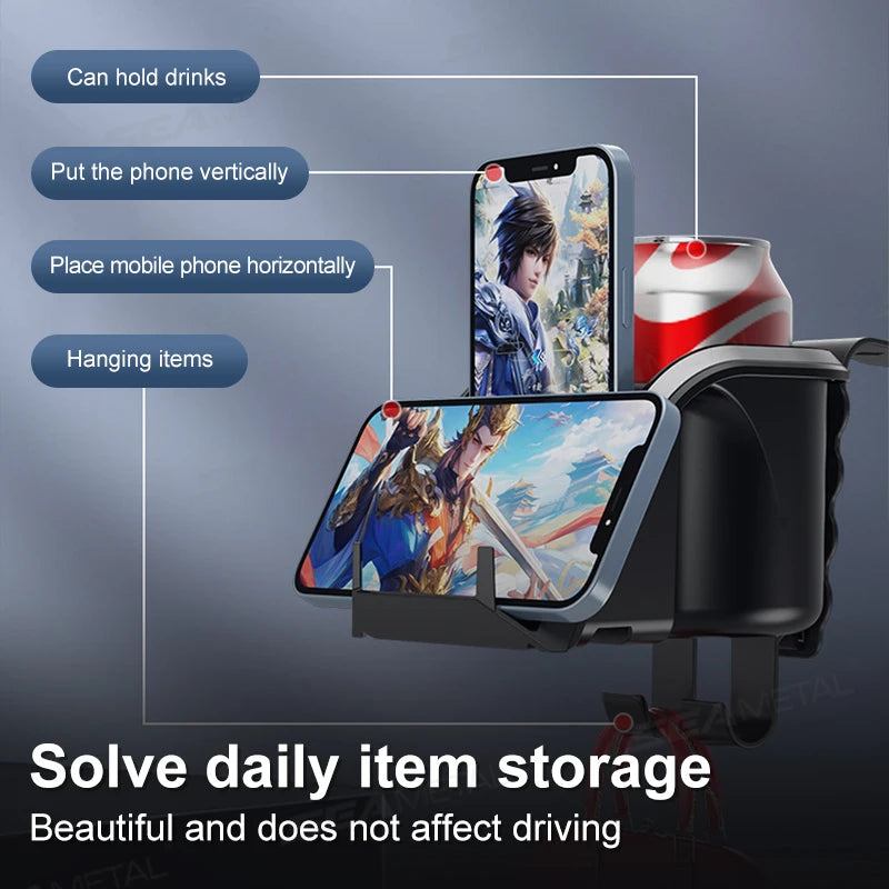 SEAMETAL 3 in 1 Car Headrest Cup Holder Car Rear Row Drink Holder Phone Mount Storage Organizer Large Load-Bearing Stable Hook