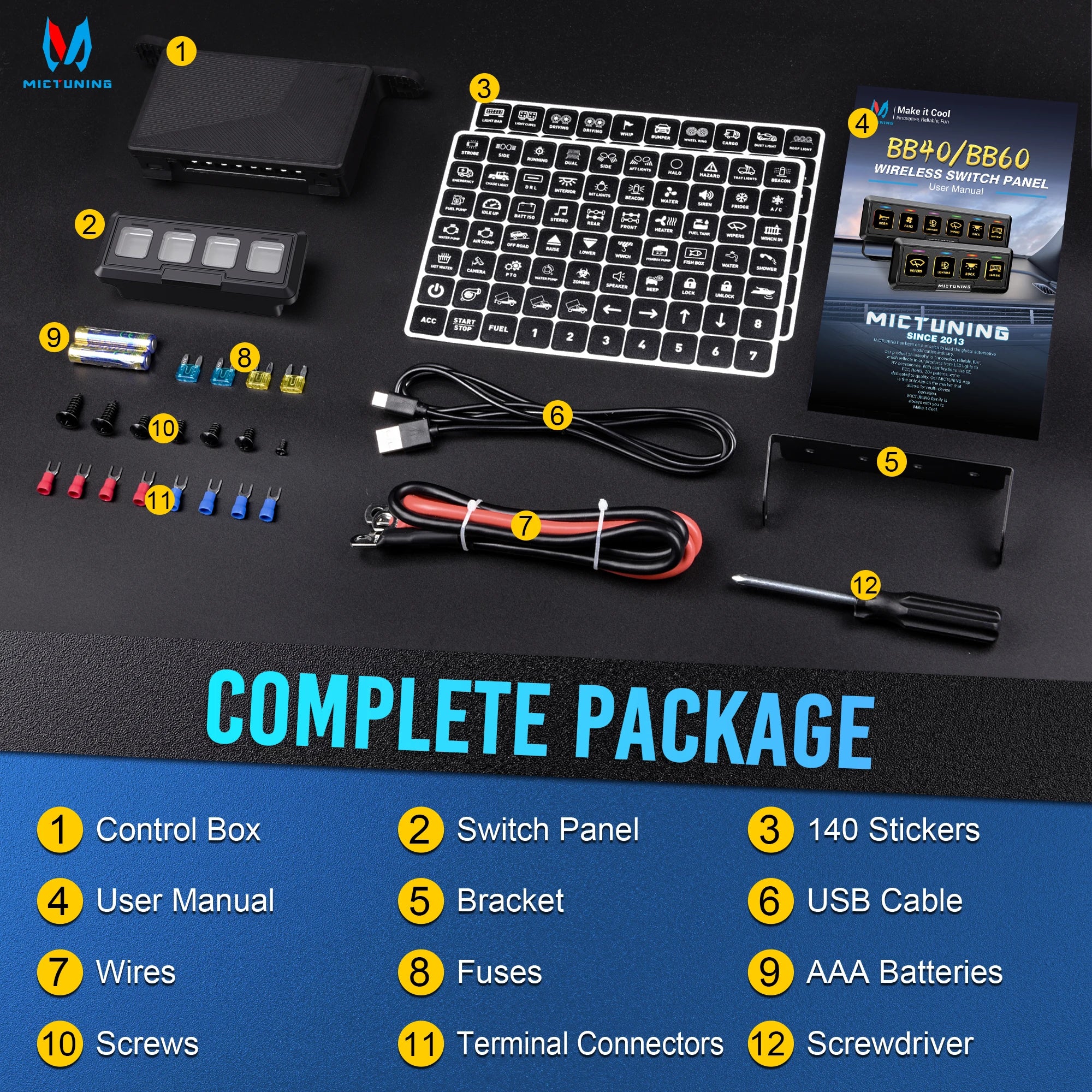 MICTUNING BB40 4-Gang/6-Gang Wireless Switch Panel, 164FT Control Range Auxiliary ON-OFF Relay Circuit Box AAA Batteries for Car