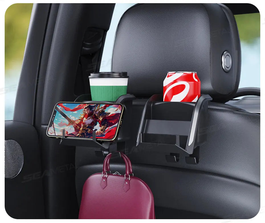 SEAMETAL 3 in 1 Car Headrest Cup Holder Car Rear Row Drink Holder Phone Mount Storage Organizer Large Load-Bearing Stable Hook