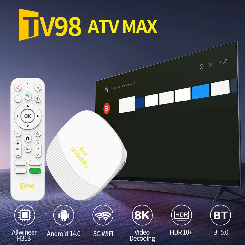 TV98 ATV Max Android 14 TV Box Allwinner H313 2GB 8GB Wifi 6 BT 8K 4K AV1 Full HD Smart Media Player Voice control Set Top Box