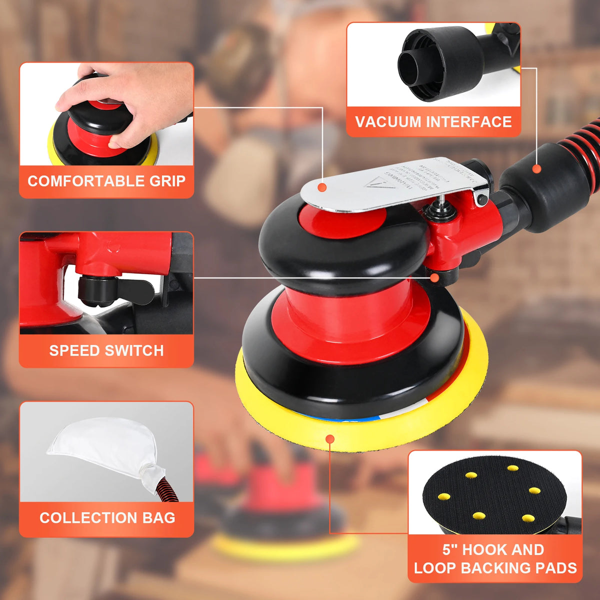 NuoDunco lijadora excéntrica neumática de 5-6 pulgadas, pulidora de aire, 125 mm/150 mm, máquina de desbaste de vacío excéntrico, herramientas neumáticas