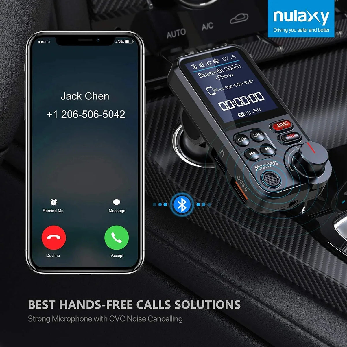 Bluetooth-yhteensopiva Auto langaton FM-lähetin radio-sovitin Nopea lataus Oikosekkaus Äänenlaatu Musiikki Auto MP3-soitin Aux QC3.0