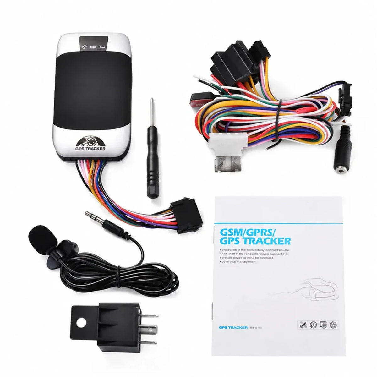 GPS tracker with wiring harnesses, antenna, microphone, relay and user manual