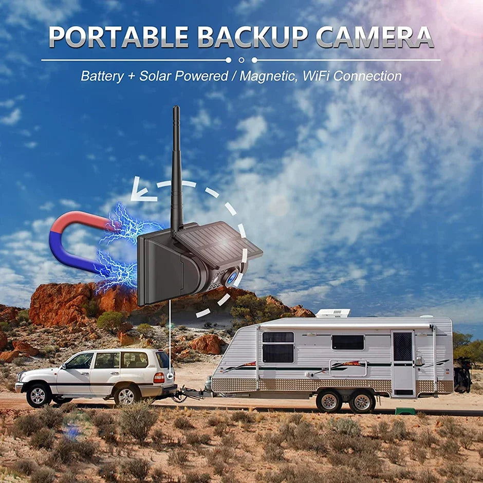 Solar Powered WiFi Magnetic Wireless Rear View Camera for iPhone AndroidRVs Trailers Trucks -1080P IR Night Vision Compatible 