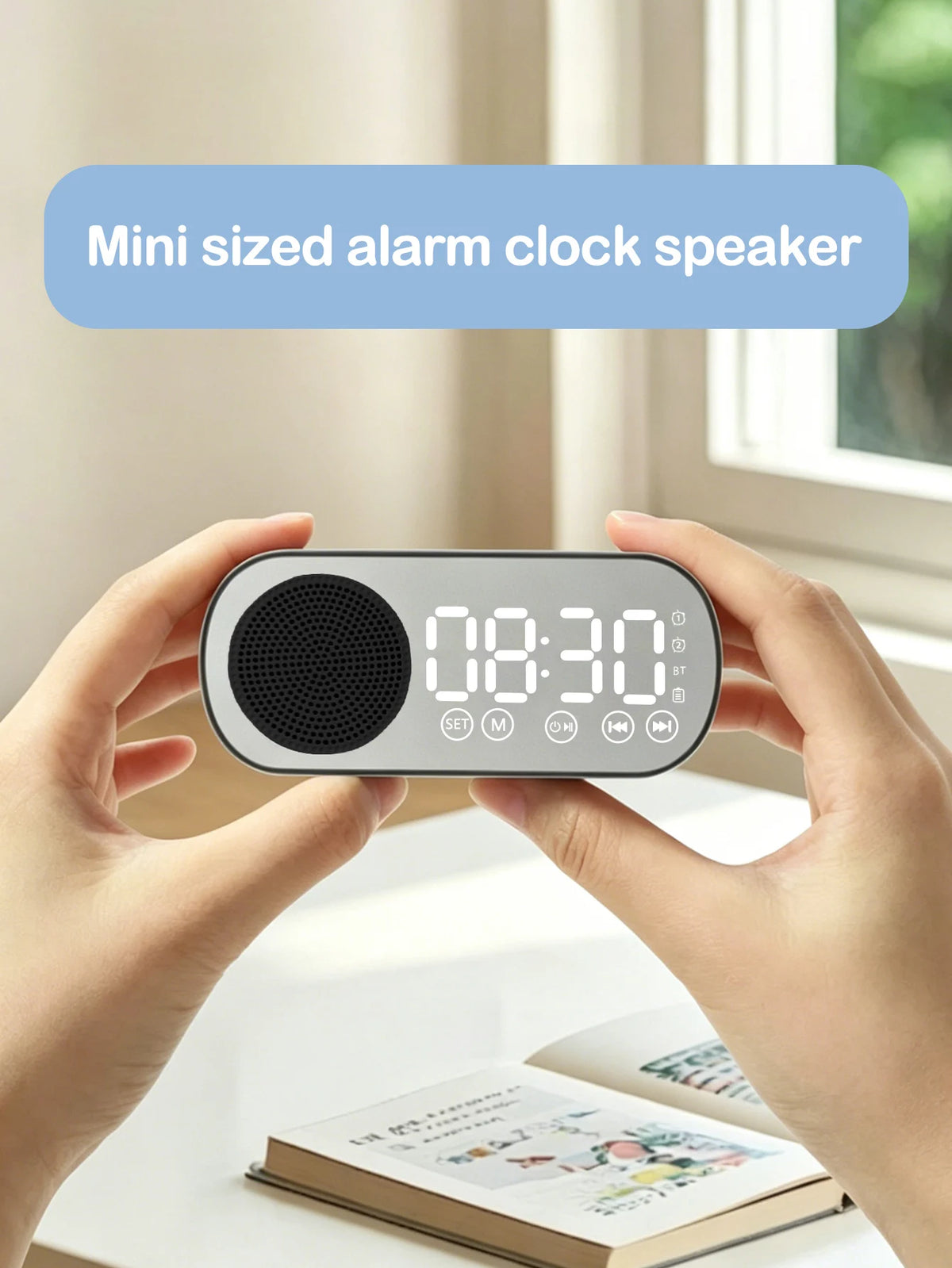 Bluetooth Speaker, Mirror-Faced Clock Alarm Clock Smart Speaker, Bass-Heavy FM Card Insertable Small Speaker